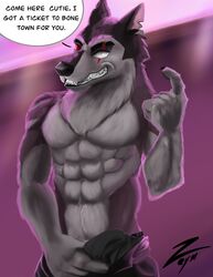 abs absurd_res anthro arm_tattoo biceps black_nose blind_eye bulge canid canid_demon canine canis claws clothed clothing demon detailed_background dialogue dialogue_box digital_media_(artwork) erection eye_scar facial_scar fangs fur grey_body grey_fur hair hand_holding hellhound helluva_boss hi_res humanoid looking_at_viewer male male_only mammal multicolored_body multicolored_fur muscular muscular_anthro muscular_male neck_tuft pants_down partially_clothed pawpads pecs red_eyes scar smile solo taker_pov tattoo teeth text tuft two_tone_body two_tone_fur underwear vortex_(helluva_boss) wolf zeym