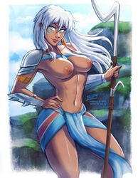 abs areolae armor atlantis:_the_lost_empire breasts casual dark-skinned_female dark_skin disney female human iahfy kida long_hair looking_at_viewer neckwear nipples thick_thighs thighs topless topless_female weapon white_hair wide_hips