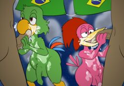 4boys anthro aracuan_bird avian balls bedroom_eyes bird bodily_fluids brazilian_flag cloud cross-eyed cum cum_from_nose cum_in_mouth cum_in_nose cum_inside cum_on_chest dark_body dark_skin darkajugin disney erection excessive_cum faceless_character faceless_human feathers fellatio flaccid foreskin genital_fluids genitals green_body green_feathers group hi_res human josé_carioca jose_carioca male male_only mammal narrowed_eyes night oral penile penis pink_body pink_feathers seductive sex sky the_three_caballeros vein veiny_penis yaoi