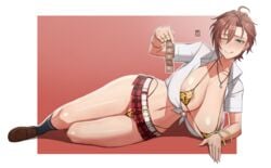 1girls american_school bimbo bracelet brown_hair condom_packet_strip green_eyes handplug huge_breasts idolmaster idolmaster_cinderella_girls kiba_manami large_breasts leopard_print lying_on_side microskirt midriff on_side plaid_skirt short_hair skirt solo thighs thong_above_skirt thong_panties thong_straps tied_shirt whale_tail wink