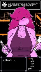 anthro apron apron_only big_breasts blush blushing cleavage curvy deltarune deltarune_chapter_2 dinosaur female hair_over_eyes holding_object iced_latte_with_breast_milk large_breasts long_hair meme monster monster_girl no_bra noelle_holiday pink_body pink_skin psychogoat purple_hair purple_skin scalie spiked_bracelet susie_(deltarune) undertale waitress waitress_uniform wide_hips