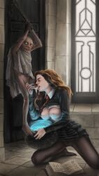 1boy 1girls 2d background blowjob bodily_fluids bondage book breasts breasts_out cauldron cleavage clothed clothed_female clothing cum cum_collecting cum_drip cum_in_mouth detailed_background dobby domination eyes fantasy fellatio female femdom forced forced_orgasm fully_clothed green_eyes gryffindor hands_tied harry_potter hermione_granger hogwarts holding_object house_elf human humanoid indoors interspecies kneeling larger_female light-skinned_female light_skin looking_away magic_user male malesub medium_breasts neckwear on_floor open_eyes oral pantyhose penis potion rope rope_bondage school_uniform schoolgirl shirt shirt_up side_view skirt smaller_male spellbook straight submissive uniform virinato witch