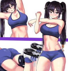 1girls ass bike_shorts breasts female genshin_impact high_resolution long_hair loooyd mona_(genshin_impact) purple_hair shoes shorts sneakers solo sports_bra thick_thighs thighs tight_clothing twintails