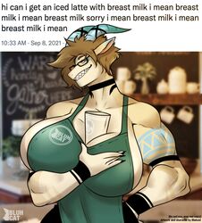 anthro anthrofied apron biceps big_breasts blue_eyes bluhcat breasts choker cleavage coffee coffee_cup dragon female female_focus female_only glasses huge_breasts iced_latte_with_breast_milk large_breasts meme muscular muscular_female scalie short_hair solo standing tagme tattoo waitress waitress_uniform