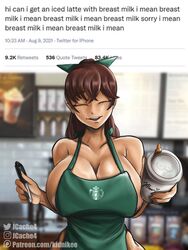 1girls alternate_version_available big_breasts breasts busty clothing female iced_latte_with_breast_milk jcache kidnikee legs light-skinned_female light_skin meme no_bra no_panties original original_character starbucks thick thick_thighs thighs voluptuous wide_hips