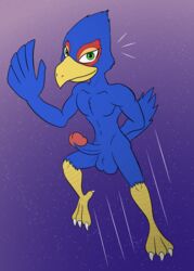 anthro avian balls bird blue_body blue_feathers darkajugin erection falco_lombardi feathers genitals gesture green_eyes hi_res jumping male markings nintendo nude penis red_markings solo space star_fox talons video_games waving