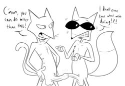 2boys anthro balls bodily_fluids canid canine cartoon_network courage_the_cowardly_dog darkajugin docking domestic_cat duo english_text erection eyewear eyewear_only felid feline felis foreskin foreskin_play fox genitals glasses glasses_only hi_res humanoid_genitalia humanoid_penis katz_(courage_the_cowardly_dog) long_foreskin male male/male mammal monochrome nude penile penis sex simple_background sunglasses sweat text the_cajun_fox uncircumcised uncut