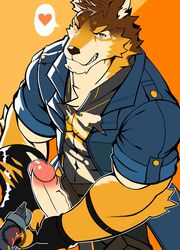 anthro barrel_(live-a-hero) canid canine canis clothing dingding_(artist) erection fingerless_gloves fur genitals gloves grin gun handwear hi_res live-a-hero male mammal multicolored_body multicolored_fur muscular muscular_anthro muscular_male penis ranged_weapon smile solo superhero torn_clothing video_games weapon wolf