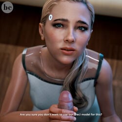 1boy 1girls 3d badclap blonde_female blonde_hair blue_eyes chloe_(detroit:_become_human) cute_face detroit:_become_human dialogue faceless_male female female_focus handjob looking_at_viewer male on_knees penis ponytail pov reluctant solo_focus straight text todd_williams translucent_latex transparent_latex