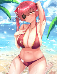 1girls 2021 absurdres arm_up armpits beach bikini blush bow breasts curvy eyebrows_visible_through_hair eyepatch female female_focus female_only haihm07 hairbow hand_on_breast hand_on_chest hand_on_own_breast hand_on_own_chest highres hololive hololive_fantasy hololive_japan houshou_marine jewelry kneeling navel necklace ocean orange_eyes palm_tree red_bikini red_hair sea seaside seiza smile smiling solo solo_female solo_focus starfish stomach swimsuit tree twintails virtual_youtuber