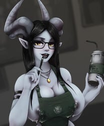 1girls aiila_(impracticalart) apron areolae breast_milk breasts cleavage female female_only huge_breasts iced_latte_with_breast_milk impracticalart lactation lactation_without_expressing meme milk