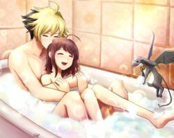 1boy 1girls arms_wrapped_around_partner bathing bathtub blonde_hair breast_squeeze breasts bubbles duo feet_up female forehead_kiss height_difference hyde_kido legs light-skinned_female light-skinned_male light_brown_hair light_skin linne male nude pet romantic shared_bathing under_night_in-birth wholesome