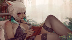 1girls adventurer_(ff14) areolae bangs book bra breasts cat_ears cat_tail catgirl crossed_legs detailed_background earrings eyeshadow female female_only final_fantasy final_fantasy_xiv hair_ornament indoors lingerie lipstick makeup miqo'te see-through solo soranamae tail thighhighs whisker_markings white_hair y'shtola