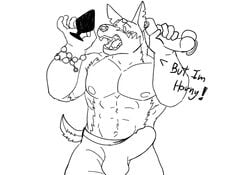 abs anthro blush bottomwear bulge buttplug bxhrd canid canine canis clothing dildo dobermann domestic_dog english_text erection hi_res male mammal monochrome muscular muscular_anthro muscular_male nipples pecs pinscher plug_(sex_toy) sex_toy shorts solo swimming_trunks swimwear tenting text tokyo_afterschool_summoners video_games xolotl