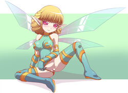 1girls blonde_hair blush fairy female gloves large_breasts leotard leotard_aside long_boots megami_tensei no_pupils nollety pointy_ears pussy red_eyes shin_megami_tensei short_hair smile solo spread_legs sylph_(megami_tensei) thighhighs wings