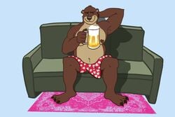 3:2 alcohol anthro beer beverage bulge clothing detailed_bulge genital_outline hi_res male mammal mihyil muscular overweight penis_outline solo underwear ursid