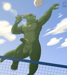 2021 5_fingers absurd_res anthro ball balls biped bodily_fluids casual_nudity cloud digital_media_(artwork) dragon fingers genitals glans green_body hi_res horn humanoid_genitalia humanoid_penis jumping male male_only nelldemon nude outside penis scalie sky solo sport sun sweat volleyball volleyball_(ball)