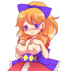 1girls ayame_(pop'n_music) blonde_hair blue_eyes blush breasts breasts_out earrings facing_viewer frown hands_on_breasts large_breasts looking_at_viewer medium_breasts no_bra nollety orange_hair ponytail pop'n_music small_areolae small_nipples smile solo white_background