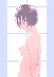 bangs blue_eyes blush bottomless breasts brown_hair day eyebrows_visible_through_hair female female from_side half-closed_eyes highres indoors looking_at_viewer medium_breasts nipples nude original shoulder_blades solo tanakomu window