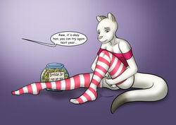 anthro balls bottomless_male chastity chastity_cage chastity_device clothed clothing danaume dialogue domestic_ferret english_text eyebrows frown genitals girly key legwear long_term_chastity looking_down male mammal mustela mustelid musteline offscreen_character partially_clothed plantigrade predicament_bondage shirt simple_background sitting solo speech_bubble stockings text topwear true_musteline white_body