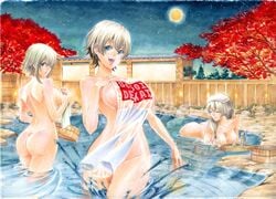 3girls bare_back basin bathing bent_over blue_eyes bottle breasts choko_(cup) closed_eyes commentary covering cup east_asian_architecture eyelashes full_moon hair_between_eyes hair_over_one_eye highres holding holding_towel large_breasts light_blush long_bangs long_hair looking_at_another looking_at_viewer looking_back maple_tree marker_(medium) milf moon mother mother_and_daughter multiple_girls night night_sky nude_cover oerba_yun_fang onsen open_mouth outdoors partially_submerged pine_tree relaxed ripples rodrigo_yoshimiya sake sake_bottle see-through short_hair short_hair_with_long_locks siblings sidelocks silver_hair sisters sky smile splashing star_(sky) starry_sky stone_floor sugoi_dekai tile_roof towel towel_on_head traditional_media tray tree trim_marks uzaki-chan_wa_asobitai! uzaki_hana uzaki_tsuki uzaki_yanagi wading water_drop wet wooden_wall