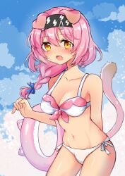 absurdres animal_ears arknights bangs bikini blue_bow blue_sky blush bow braid breasts brown_eyes cat_ears cat_girl cat_tail cleavage cloud collarbone day eyebrows_visible_through_hair female female goldenglow_(arknights) hair_between_eyes hair_over_shoulder hairbow highres hoshi_lingdang innertube innertube_with_ears lightning_bolt_symbol long_hair medium_breasts navel nose_blush oerba_yun_fang open_mouth outdoors pink_hair side-tie_bikini single_braid sky solo swimsuit tail white_bikini yellow_eyes