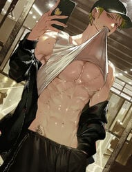 1boy abs alternate_costume baseball_cap blonde_hair colored dutch_angle earrings green_eyes green_hair gym gym_clothes human lifted_shirt linea_alba male male_nipples male_only mirror muscles muscular_male no_visible_genitalia nori31291404 off_shoulder one_piece pecs phone pre-timeskip roronoa_zoro scar selfie shirt_in_mouth shirt_lift smooth_skinned_male solo sweat sweatpants sweatshirt tank_top tattoo workout workout_clothes