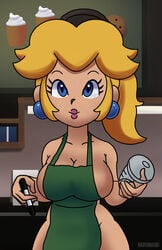 1girls apron big_breasts blonde_hair blue_eyes breasts female female_only iced_latte_with_breast_milk indoors looking_at_viewer madeinhenri mario_(series) meme naked_apron nintendo ponytail princess_peach solo standing starbucks tied_hair