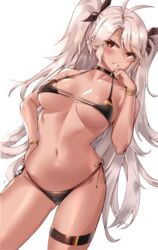 1girls absurdres antenna_hair ass_visible_through_thighs azur_lane bangs bare_arms bare_shoulders bikini black_bikini black_choker black_ribbon blush bracelet breasts choker cleavage clyde_s collarbone cowboy_shot eyebrows_visible_through_hair female female_focus female_only flag_print german_flag_bikini hair_ribbon hand_on_hip head_tilt highres huge_filesize jewelry large_breasts long_hair navel parted_lips prinz_eugen_(azur_lane) prinz_eugen_(unfading_smile)_(azur_lane) red_eyes ribbon side-tie_bikini silver_hair simple_background small_bikini smile solo solo_female solo_focus stomach swept_bangs swimsuit tan thigh_strap two_side_up underboob very_long_hair white_background