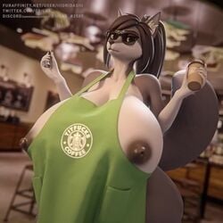 1girls 3d 5_fingers animated anthro apron apron_between_breasts areola areola_slip areolae ass big_breasts blender bouncing_breasts breast_slip breasts coffee detailed_background female female_only furry furry_only grey_areola grey_body grey_nipples hilwu holding_object huge_breasts iced_latte_with_breast_milk iii_oridas_iii looking_at_viewer meme nipples no_humans no_sound solo solo_female solo_focus standing starbucks two_tone_body video white_body white_breasts wide_hips