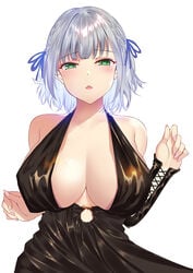 1girls bangs black_dress blue_ribbon blunt_bangs braid breasts dress eyebrows_visible_through_hair female female_focus female_only fingernails green_eyes hair_ribbon hand_up hololive hololive_fantasy hololive_japan large_breasts looking_at_viewer majin_(kiidoumajin) ribbon shirogane_noel short_hair silver_hair simple_background solo solo_female solo_focus virtual_youtuber white_background