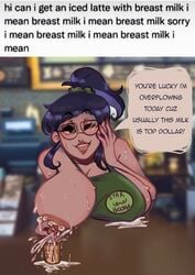 1girls apron apron_aside apron_only black_hair cow_slick dark-skinned_female dark_skin dialogue english_text exposed_breasts glasses iced_latte_with_breast_milk lactation long_hair looking_at_viewer meme milk milking naked naked_apron ponytail slickpens speech_bubble text wink