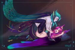 1boy 1girls animal_ears arms_behind_head blush breasts hair_over_one_eye heart league_of_legends long_hair nude on_back open_mouth pink_hair rakan simple_background star_guardian_rakan star_guardian_series star_guardian_xayah text velvetqueenh xayah