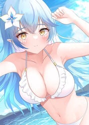 1girls absurdres bikini blue_hair blush breasts cleavage closed_mouth cloud collarbone day eyebrows_visible_through_hair female female_focus female_only flower hair_flower hair_ornament halterneck hand_up hibiscus highres hololive hololive_gen_5 hololive_japan large_breasts long_hair navel ocean onabe_no_shime pointy_ears sky smile solo solo_female solo_focus string_bikini sunlight swimsuit upper_body virtual_youtuber water white_bikini white_flower yellow_eyes yukihana_lamy