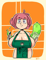 apron huge_breasts iced_latte_with_breast_milk light-skinned_female light_skin looking_at_viewer meme oc opaline_rosé original original_character pink_hair short_hair shortstack slime smile smiling smiling_at_viewer superstingbee symbol-shaped_pupils thick_thighs voluptuous