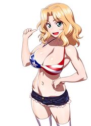 1girls american_flag american_flag_bikini american_flag_bikini_top armpits belly_button big_breasts bikini bikini_top blush blushing_at_viewer booty_shorts breasts cleavage exposed_belly exposed_shoulders exposed_torso eyebrows_visible_through_hair female girls_und_panzer green_eyes hand_on_breast happy huge_breasts jean_shorts kay_(girls_und_panzer) large_breasts large_thighs legs light-skinned_female light_skin looking_at_viewer open_mouth platinum_blonde_hair ripped_clothing ripped_pants ripped_shorts seductive short_shorts shorts shoulder_length_hair shoulders slim smile smiling smiling_at_viewer thick_thighs thighhighs thighs toned toned_body toned_female white_background white_skin white_thighhighs