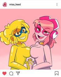 2girls breast_to_breast breasts collar domino_mask female female_only g-lo_(villainous) gloomytea gloony-tea grin half-closed_eyes holding_hands instagram interlocked_fingers looking_at_viewer mask medium_breasts miss_heed_(villainous) multiple_girls nude nude_female open_mouth open_smile photo pink_background pink_body pink_eyes pink_hair posing seductive_eyes seductive_look seductive_smile short_hair side_view smile smiling smiling_at_viewer superheroine teeth tongue villainous yellow_body yellow_hair