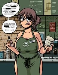 1girls alternate_version_available angry apron apron_only brown_hair censor_bar english_text glasses iced_latte_with_breast_milk julie_powers lactating lactation lactation_through_clothes light-skinned_female light_skin looking_at_viewer meme mirako naked naked_apron ponytail scott_pilgrim speech_bubble workplace