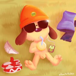 1:1 absurd_res albinoturtle anthro balls canid canine canis clothing domestic_dog eyewear footwear genitals hat headgear headwear hi_res lying male male_focus male_only mammal mostly_nude parappa parappa_the_rapper penis shoes solo sony_corporation sony_interactive_entertainment sunglasses underwear video_games