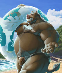 2021 absurd_res anthro armpit_hair beach belly body_hair brown_body brown_fur bulge closed_eyes clothing dendoro detailed_background fur genitals hi_res humanoid_genitalia humanoid_hands humanoid_penis kemono male mammal moobs nipples outside overweight overweight_male penis seaside solo solo_male suid suina sus_(pig) swimwear water wet wild_boar