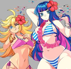 2girls ahoge angel bangs big_breasts bikini blonde_hair blue_eyes blue_hair bracelet breasts clothed clothing color_palette duo eyelashes female female_only flower flower_in_hair goth grey_background hair_between_eyes jewelry lei light-skinned_female light_skin long_hair mostly_nude navel necklace one_eye_closed pale-skinned_female pale_skin panty_&_stocking_with_garterbelt panty_anarchy pink_bikini purple_hair queenashii side-tie_panties sisters skindentation small_breasts spiky_hair standing stocking_anarchy striped_bikini striped_panties summer tongue tongue_out two_tone_hair underboob wink