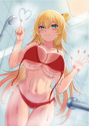 1girls 2021 against_glass akai_haato bangs bathroom bikini blonde_hair blue_eyes blush boku_no_edamame breast_press breasts cowboy_shot drawing female female_focus female_only hair_between_eyes hand_on_glass heart highres hololive hololive_gen_1 hololive_japan large_breasts long_hair looking_at_viewer navel red_bikini red_nails shower_(place) shower_head solo solo_female solo_focus swimsuit thigh_gap tile_wall tiles untied untied_bikini very_long_hair virtual_youtuber water wet