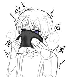 1boy aroused blush genshin_impact holding_panties male_focus male_only panties purple_eyes qmrk123 scaramouche_(genshin_impact) sketch sniffing_panties