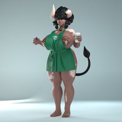 apron apron_only black_hair cow_ears cow_girl cow_horns cow_tail curly_hair dark-skinned_female dark_skin full_body generalbuta hair_between_eyes hair_over_eyes iced_latte_with_breast_milk lactating lactophilia meme naked naked_apron nerissa_(generalbuta)