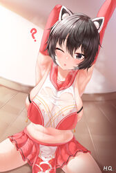 1girls ;o ? absurdres allied_hyakkiyako_academy_student animal_ear_fluff animal_ears arm_behind_head armpits arms_up artist_name bangs belly_fat belly_folds black_eyes black_hair blue_archive blush breast_curtain breast_curtains breasts chin_length_hair cowboy_shot elbow_gloves eyebrows_visible_through_hair female female_focus female_only gloves haqu highres indoors inner_discipline_club_(blue_archive) large_breasts looking_at_viewer loosen_belly midriff navel one_eye_closed pleated_skirt red_gloves red_sailor_collar red_skirt sailor_collar see-through short_hair sideboob sitting skirt solo solo_female solo_focus sweat tsubaki_(blue_archive) wet wet_clothes