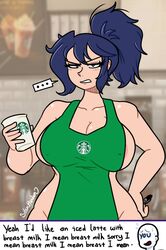 angry apron big_breasts blue_hair english_text female female_focus iced_latte_with_breast_milk light-skinned_female light_skin meme miranda_(silenttandem) naked naked_apron nipple_bulge ponytail red_eyes silenttandem speech_bubble starbucks text text_box