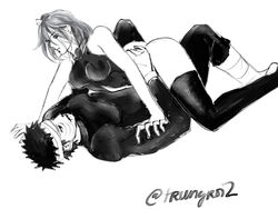 1boy 1girls akatsuki_(naruto) bare_shoulders breasts cowgirl_position female hands_on_another's_hips konan labret_piercing legwear looking_at_another male monochrome naruto naruto_shippuden no_panties scar short_hair sleeveless straight uchiha_obito
