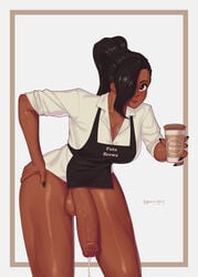 1futa apron balls barista bent_over big_balls big_breasts big_penis black_hair black_nails bottomless breasts brown_eyes cleavage clothed clothing coffee coffee_cup cum cumdrip dark-skinned_futanari dark_skin eye_contact flaccid flaccid_penis futa_only futanari hair_over_one_eye huge_cock human iced_latte_with_breast_milk iced_latte_with_dick_milk large_breasts large_penis looking_at_viewer nail_polish original partially_clothed penis pokko_(artist) ponytail simple_background solo standing testicles thick_thighs thighs veiny_penis