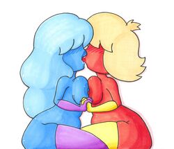 blue_skin breasts_pressed_together brownpidgeon cartoon_network french_kissing gem_(species) kissing lipstick off_colors_(steven_universe) padparadscha_(steven_universe) red_skin sapphire_(steven_universe) steven_universe tagme