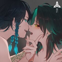 2boys androgynous black_hair blue_eyes blue_hair blush braid color cute_bois deymara femboy gay genshin_impact glowing glowing_eyes gradient_hair green_hair imminent_kiss kissing long_hair long_nails looking_at_another making_out male mouth_open naked nude signature sweat tattoo teal_eyes teal_hair trap trap_on_trap venti_(genshin_impact) xiao_(genshin_impact) yaoi yellow_eyes